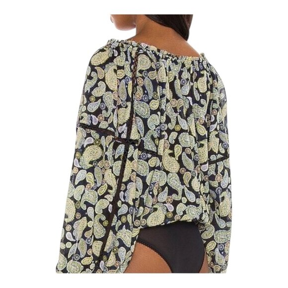 FREE PEOPLE Women SZ L Off-Shoulder Boho Paisley Print Bodysuit Top Long Sleeves - Picture 11 of 14